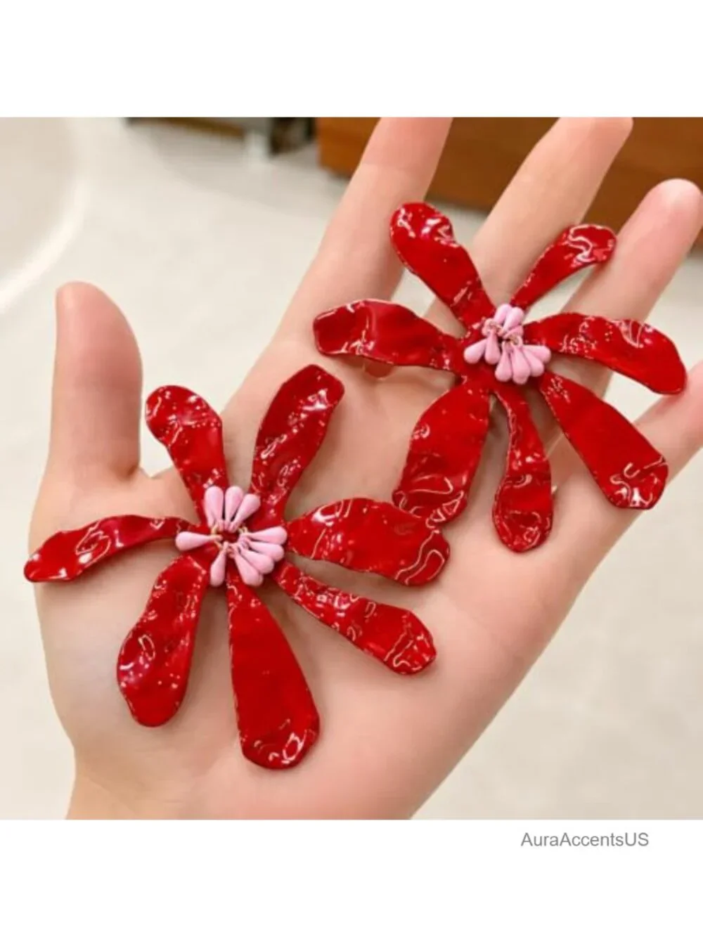 Oversized Red Floral Drop Earrings for Women, Bold Statement Earrings